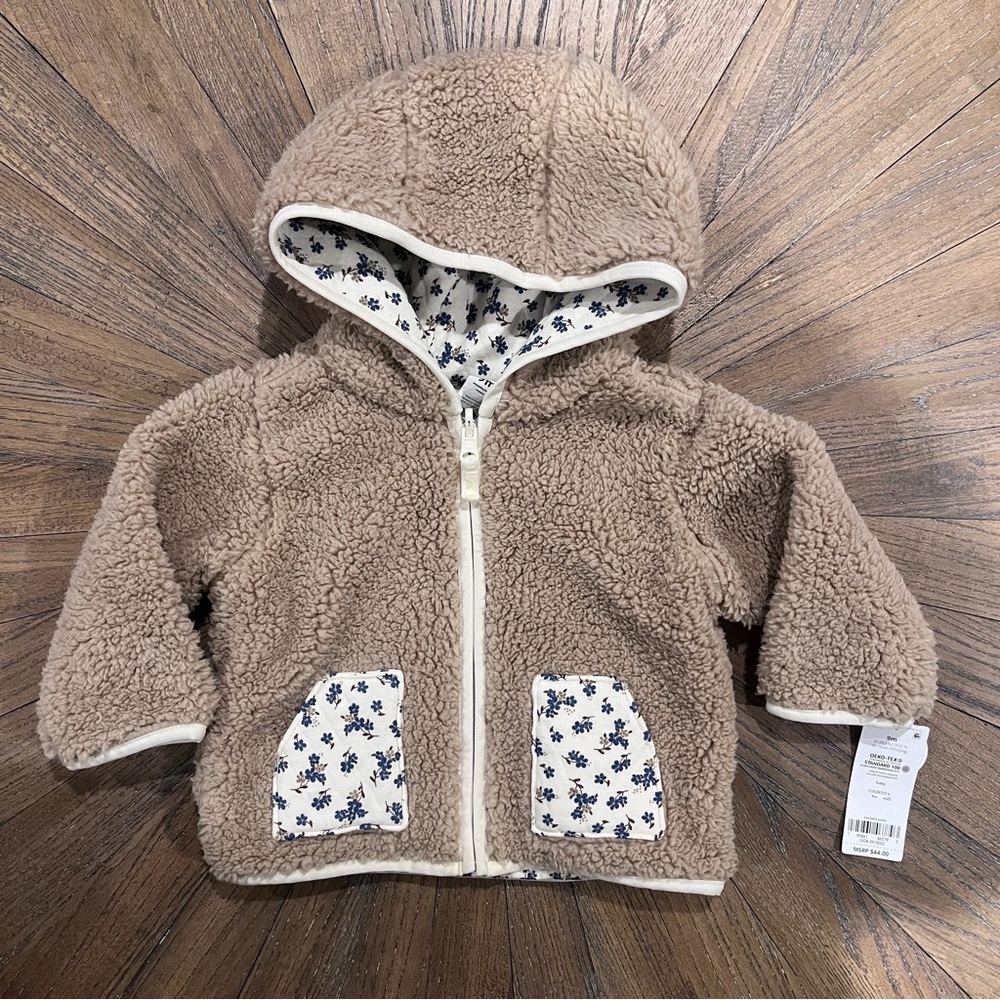 NWT Carter’s Reversible Sherpa Baby Girl Hooded Jacket Floral Accents 9 Months